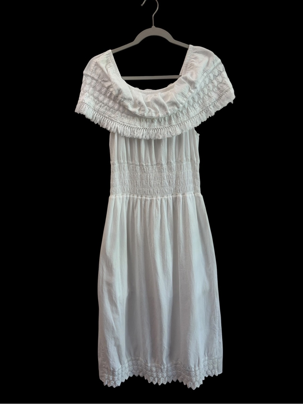 SeaSpice Boho Beach Off-Shoulder 100% Peruvian Cotton White Midi Dress Large